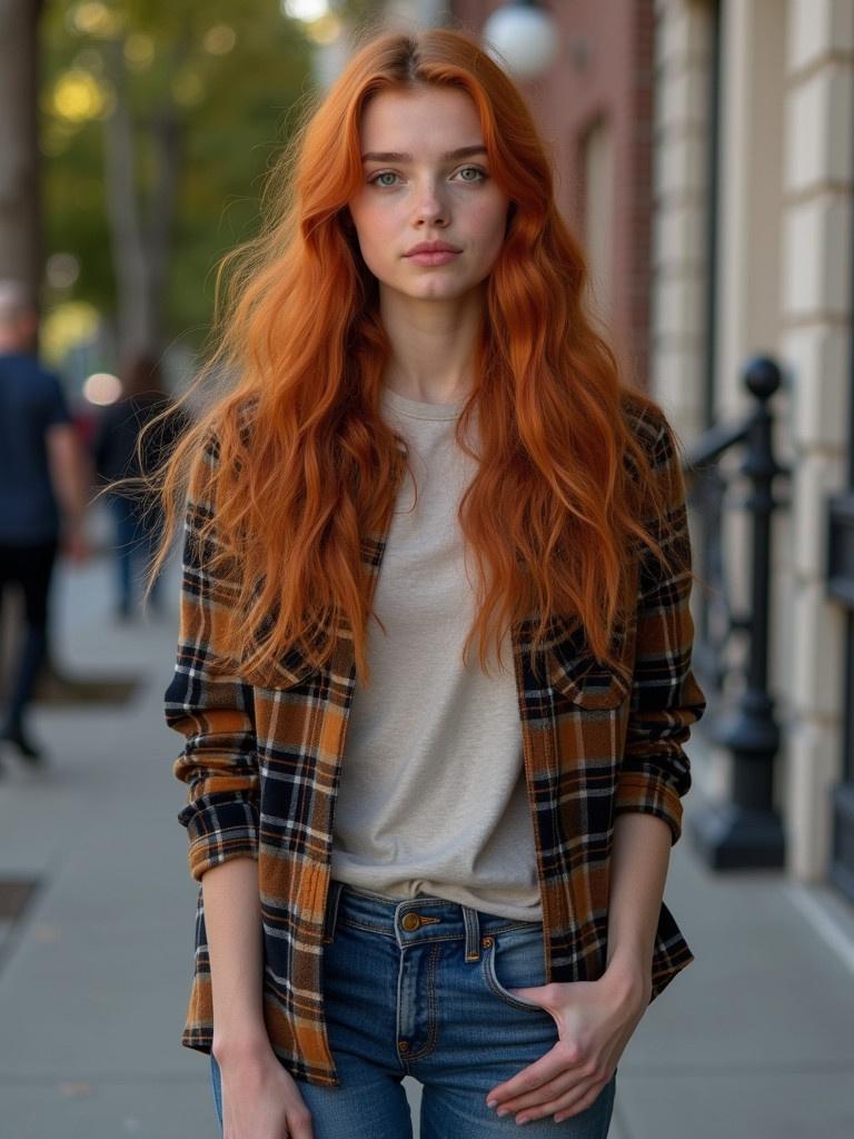 Young woman in Brooklyn wears a baggy t-shirt. A flannel shirt drapes casually over her shoulders. She has long thick wavy carrot-red hair. Jeans fit her style.