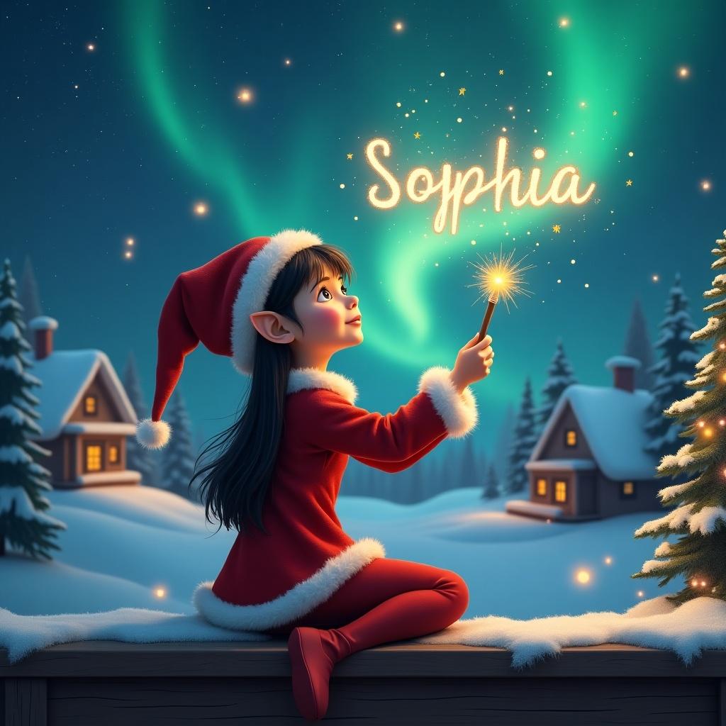 A female elf with dark hair and eyes sits on a wooden ledge. She gazes at a sky filled with stars and vibrant Northern Lights. Dressed in a festive red outfit with a pointed hat, she holds a sparkling wand. The elf writes the name 'Sophia' in the air. Surrounded by a snowy landscape with charming houses and evergreen trees, the scene captures childhood magic and Christmas cheer.