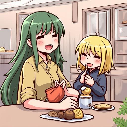 Two girls enjoying time together in a kitchen. One girl with long green hair and a button-up shirt. The other with shorter blonde hair wearing a sweater. They are smiling while leaving snacks on the table.