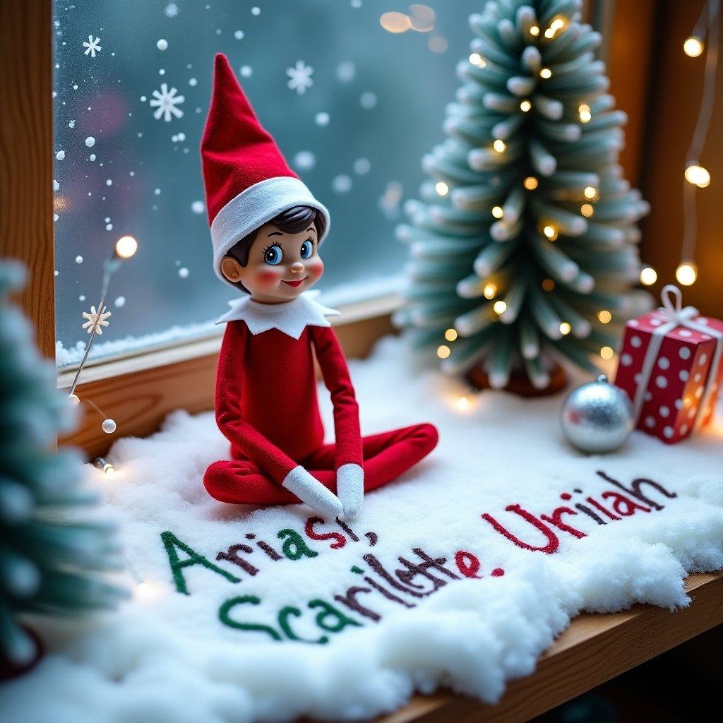 Elf on the shelf in a winter wonderland writing the names Aria, Scarlette, Urijah. Scene includes decorations like trees, lights, and presents.