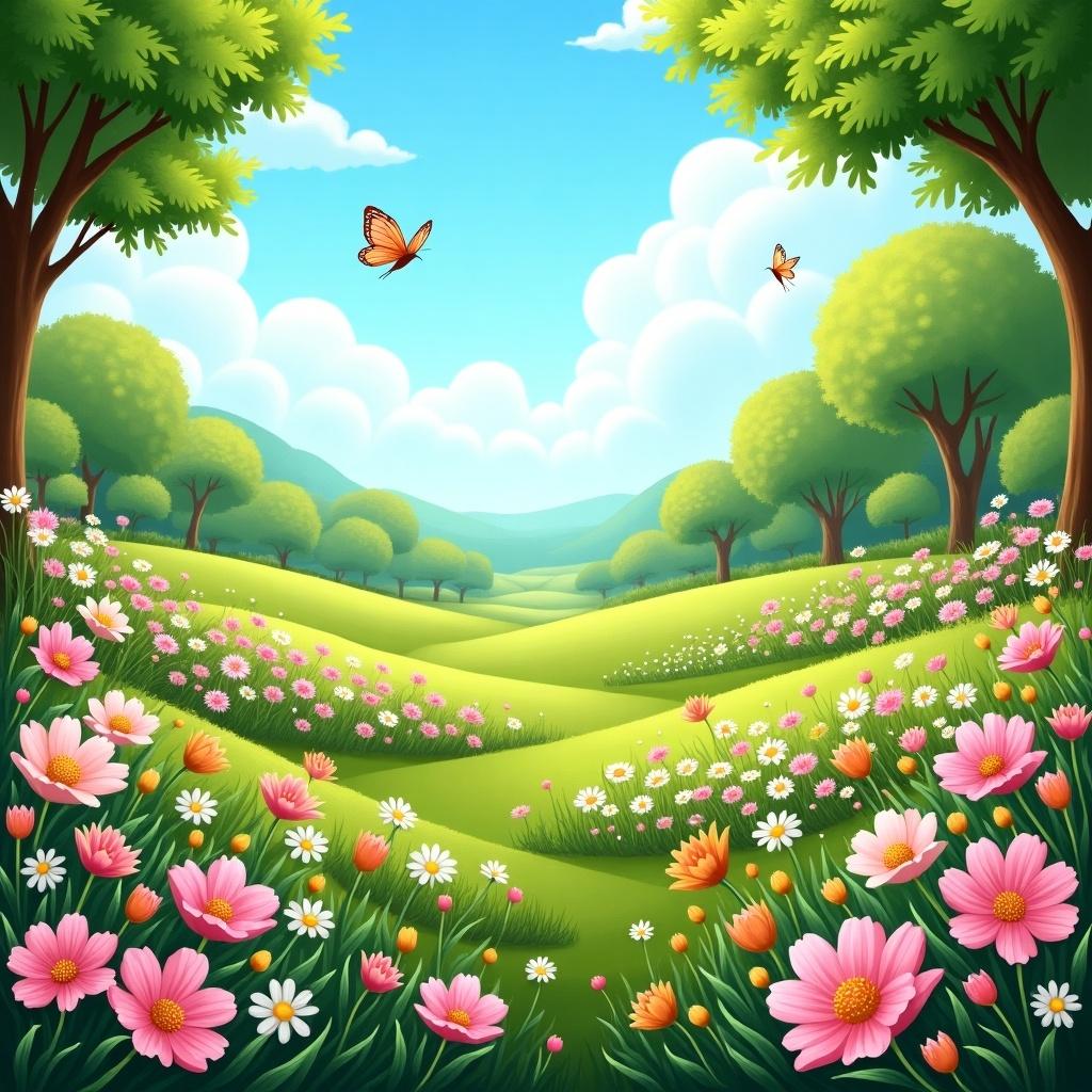 Spring scene featuring a colorful flower field butterflies trees under a blue sky