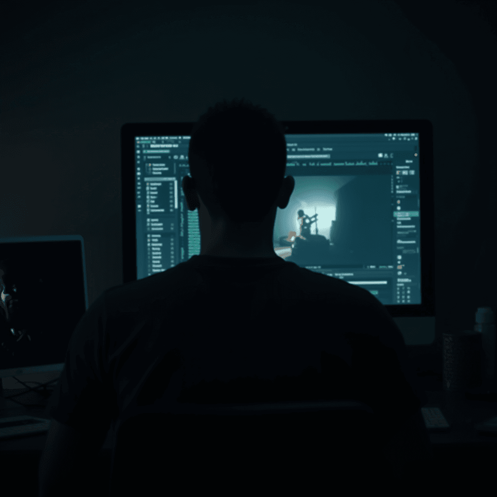 A person is working on a computer with code on the screen in a dimly lit room.