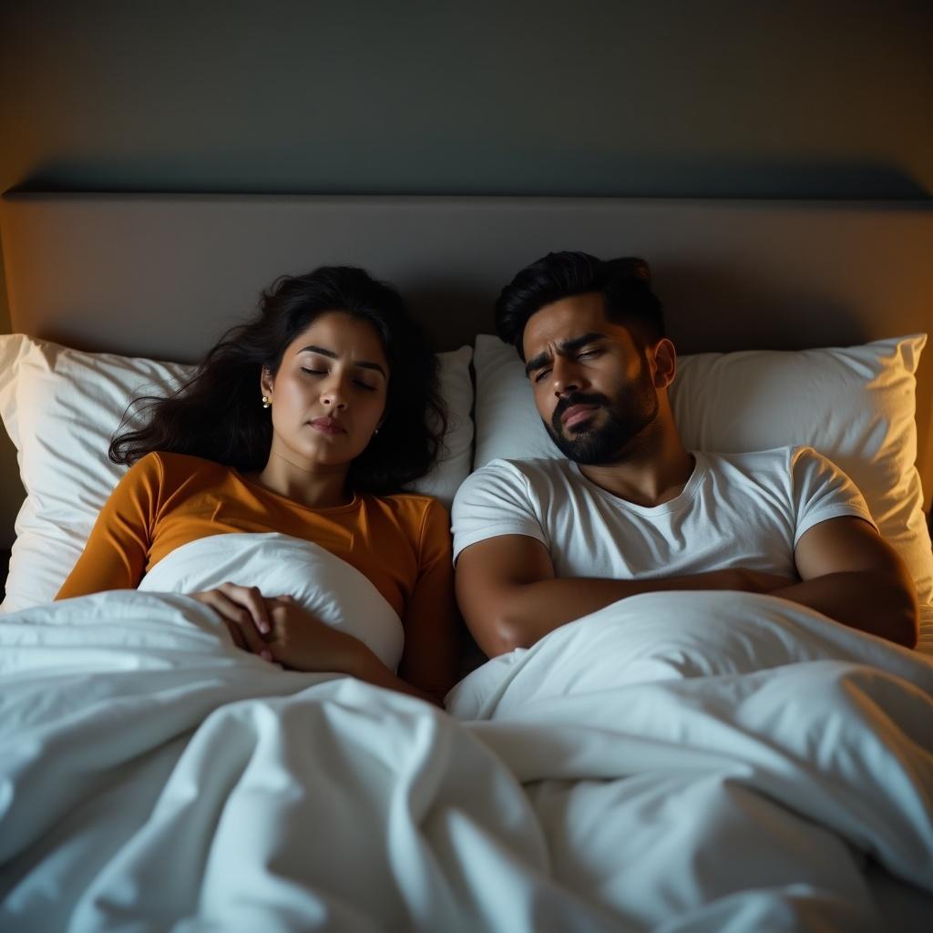 An Indian couple is in bed, highlighting emotional tension. The wife lies on one side, pretending to sleep with her face obscured. The husband, on the other side, is in focus, looking upset. Their body language indicates distance, with a clear space between them under the covers. The room is softly lit, enhancing the mood of the scene. This image conveys a sense of unresolved issues within the relationship and could resonate with viewers experiencing similar situations.