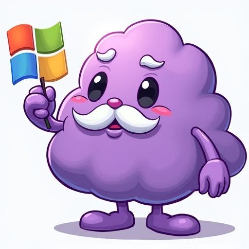 Cartoon purple cloud character with white bushy eyebrows and a mustache. Simple black eyes. One hand holding Microsoft Windows logo other hand holding Tux the Linux Penguin.