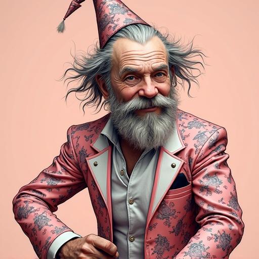 Data flow art style. Character is an old man with a humorous face. Wears a pink tuxedo with a white shirt. Has messy gray hair and a party hat. Background is a soft color.