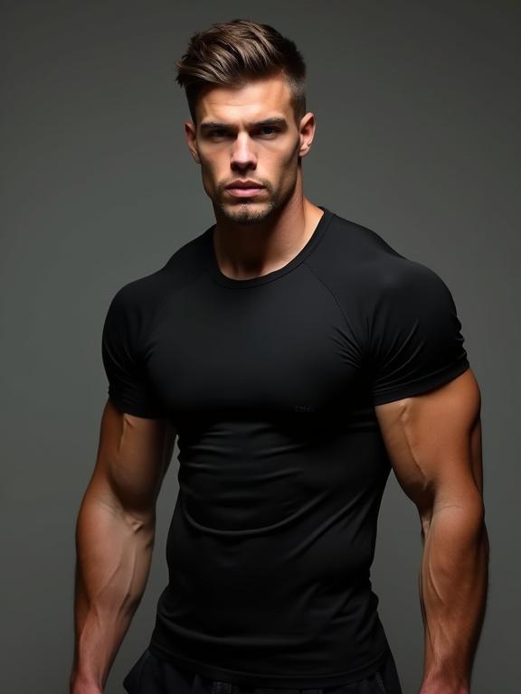 Portrait of a muscular young man. Tight black t-shirt fits snugly. Well-defined arms and strong physique. Dramatic lighting enhances contours.
