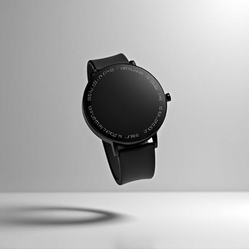 Studio photograph of a minimalist digital watch. Round face with subtly etched text. Matte black rubber strap. Floating in white space. Soft lighting highlights contours. Gentle gradient backdrop of gray and white. Clean balanced composition emphasizes sophistication and modernity.