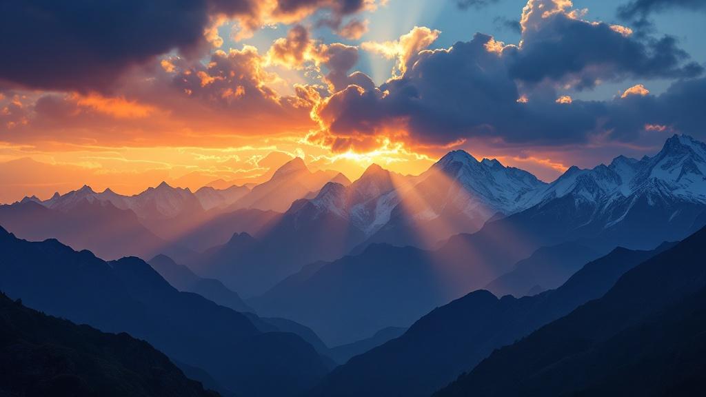 Stunning Himalayan mountain range against a vibrant sunset sky. Dramatic rays of light stream through dark clouds. Scenic view with silhouette of mountains.