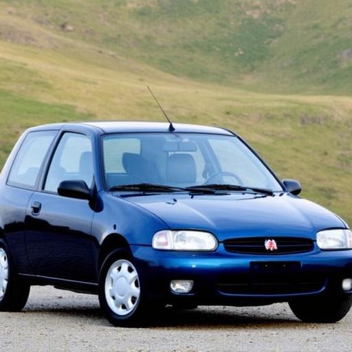 2000 Harbor Crest is a compact hatchback car. It has a rounded aerodynamic shape and a tall greenhouse design. The car features simple circular halogen lamps and has a narrow grille with a small Harbor sailboat emblem. The color of the car is Atlantic Blue.