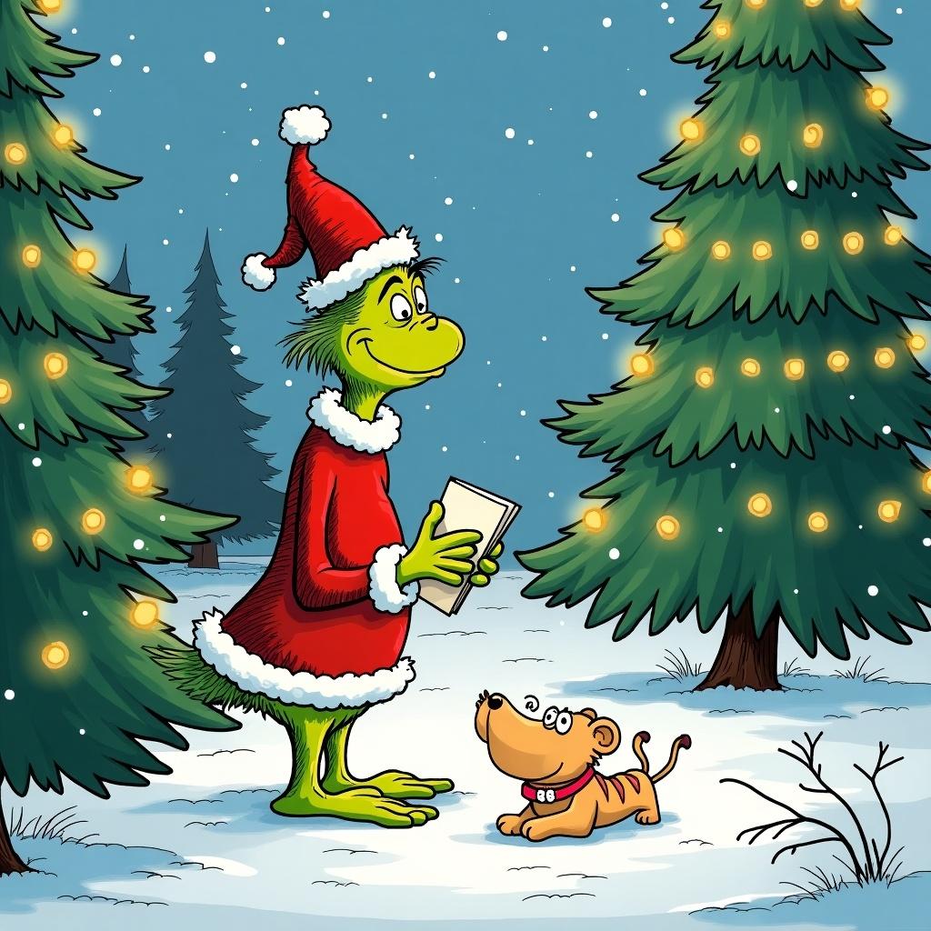 Dr Seuss’s The Grinch is in a snowy outdoor setting. Christmas trees with twinkly lights surround him. He is writing The Steiger Family in the snow. The environment is festive and playful.