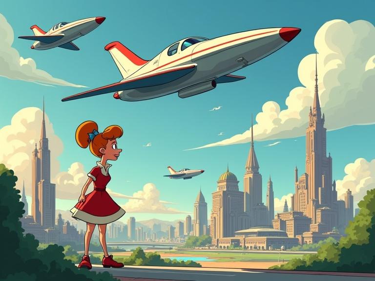 Image featuring a girl in a red dress looking at a futuristic city with flying cars and a vibrant skyline