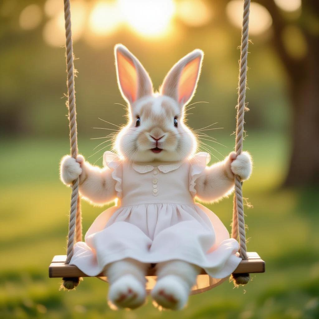A pink rabbit with large ears and a friendly expression sits on a swing. It wears a cute white dress with ruffles. The background shows a sunny outdoor scene. Soft afternoon light enhances the joyful ambiance.