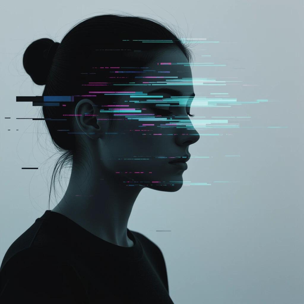 Artistic representation of linear distortion. Profile silhouette of a human against a minimal grey background. Includes horizontal scan lines and digital interference. Features soft diffused lighting with corrupted data aesthetic.