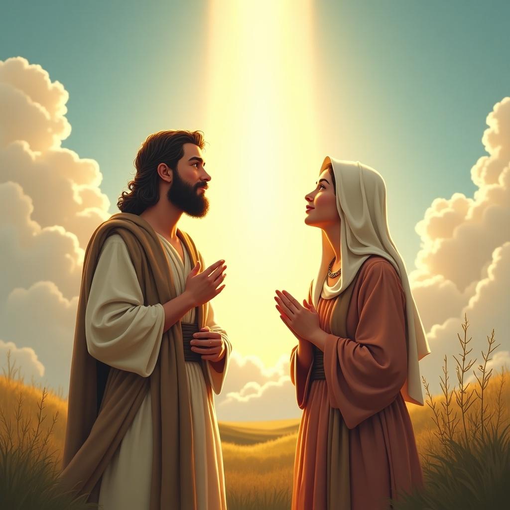 Abraham and his wife express hope for a child in a serene landscape. Warm light surrounds them, illustrating a moment of divine promise. They show prayers and aspirations in their countenances.