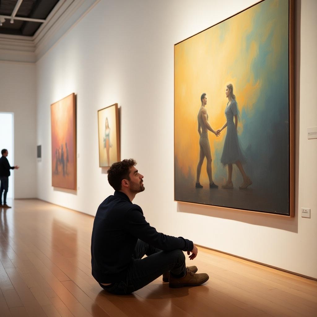 Visitor in art gallery sits on the floor looking at a painting. The angles of elevation to the top and bottom of the painting are given for calculations.