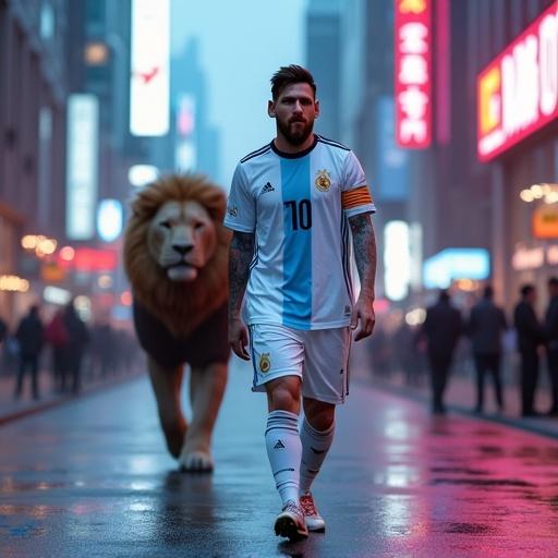 Photo-realistic image of Lionel Messi in a football kit walking confidently in a modern neon city street at dusk. A giant humanoid lion guard strides behind him. The scene features neon lights and cinematic lighting.