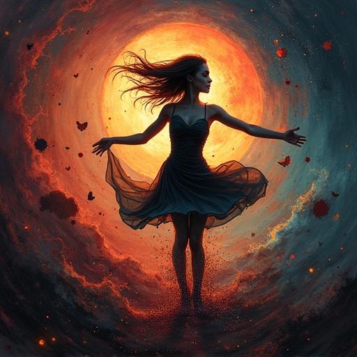 Fantasy themed music album cover featuring a dancing girl surrounded by a cosmic-like swirling background with a vibrant orange sun.