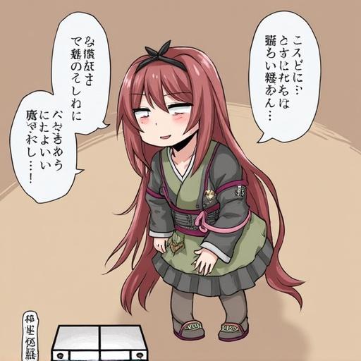 Anime character with red hair and a traditional outfit, exhibiting a playful pose.