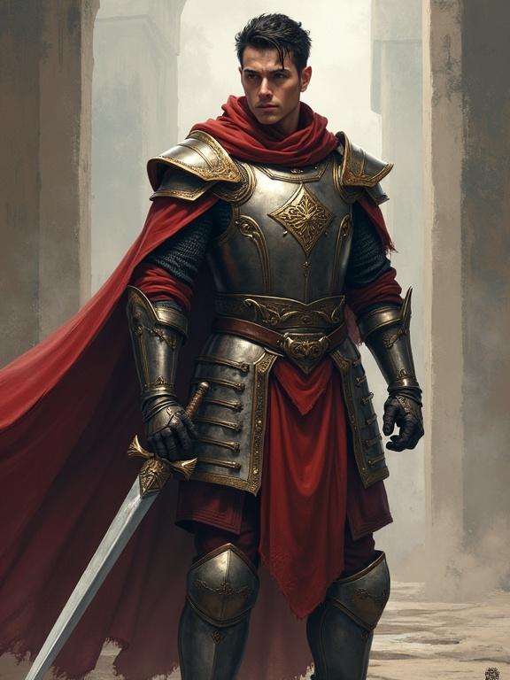 A medieval fantasy knight named Serios stands stoically. He wears traditional Chinese-inspired armor. A red cape drapes over his shoulders. The background features ancient stone structures. His expression is calm and determined, with sharp eyes. He holds a sword by his side. The atmosphere is dramatic, emphasizing his strong presence.