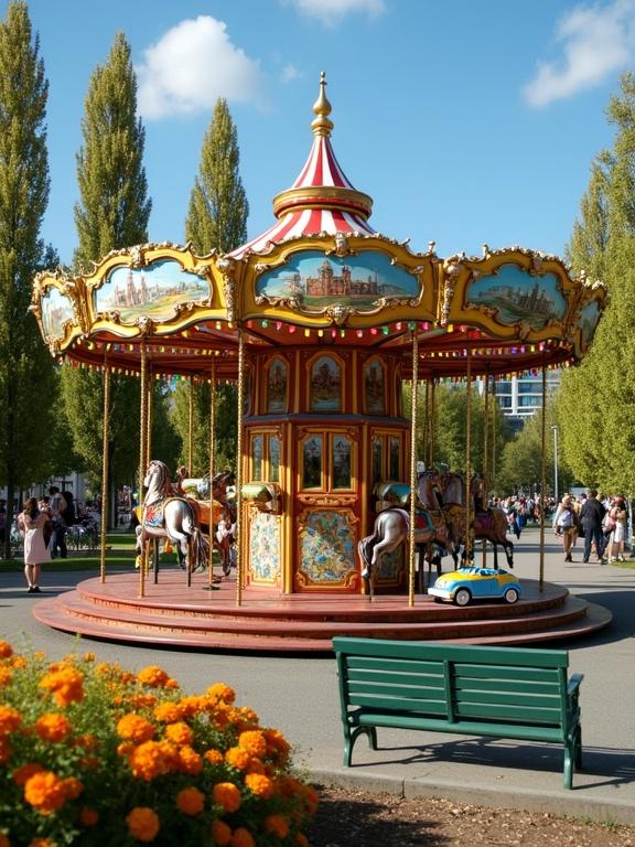 Photograph of a vintage carousel in a park during daytime. Clear blue sky with few clouds. Ornate carousel featuring colorful, detailed paintings. Small blue and yellow toy car on the platform. Green metal bench in foreground with orange and yellow flowers. Tall trees in background. People enjoying the park atmosphere. High quality image with soft shadows and warm color tones.