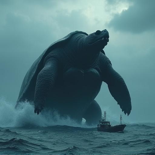 Depicts a giant dark grey turtle rising from ocean waves. Turtle has tusks and a textured shell. A cargo ship is nearby. Scene is atmospheric and moody with cloudy skies.