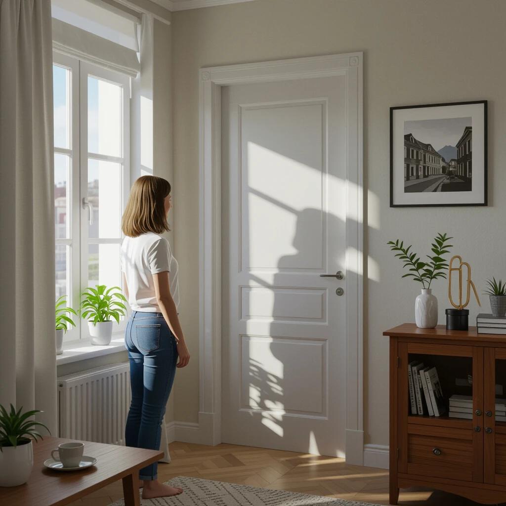 Interior scene of a house. A woman looks at the door from inside. Shadows around the door create a frame effect. Bright daylight coming in through the window.