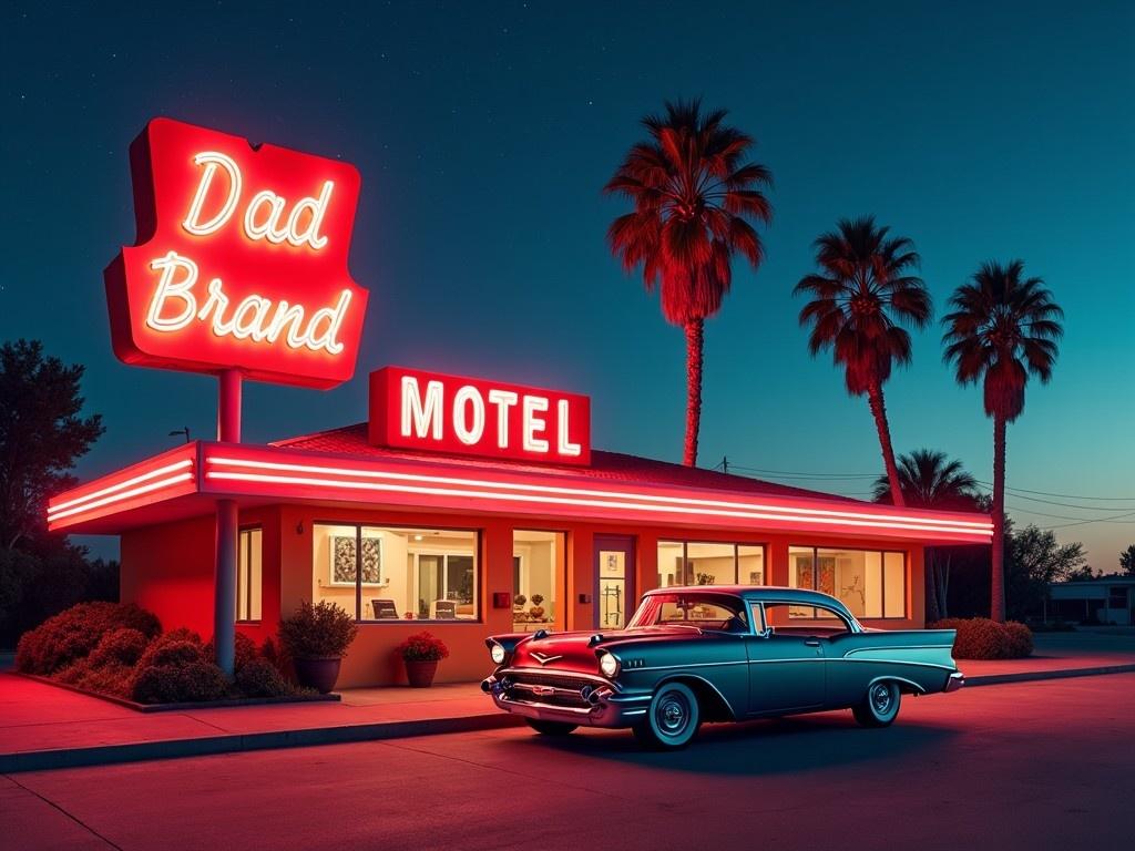 The image depicts a classic motel named 'Dad Brand' lit up by bold neon signs at night. A vintage car is parked in front, adding to the nostalgic charm. The scene is set against a background of tall palm trees under a starry sky. The colors are vibrant and inviting, with red, orange, and soft blues creating contrast. The overall atmosphere evokes feelings of adventure and reminiscence of simpler times on the open road.