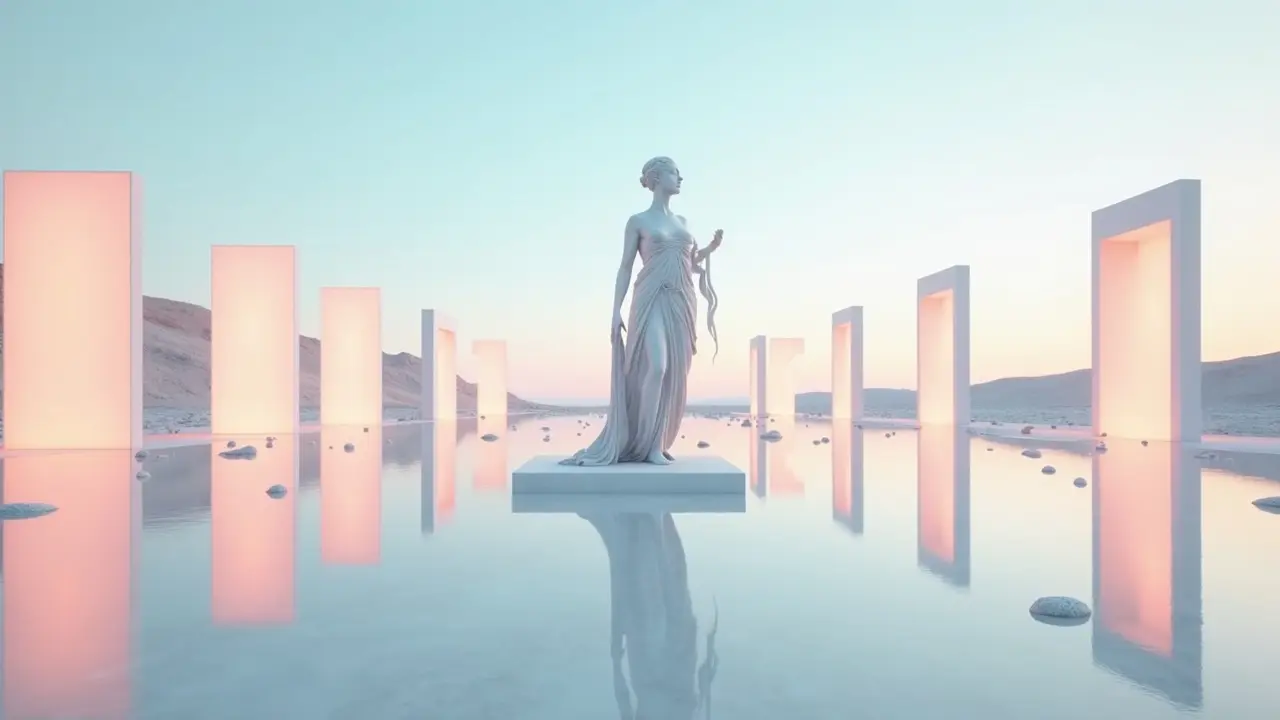 This image depicts a serene and surreal landscape featuring a central statue of a woman surrounded by tall geometric pillars. The atmosphere is dreamy with soft pastel colors dominating the scene. The setting appears to be an otherworldly space, where the water reflects the statue and the pillars around it, enhancing the ethereal quality. The lighting is gentle, creating a sense of calm and tranquility. The overall composition invites viewers to explore the blend of classical and modern elements in a harmonious environment.