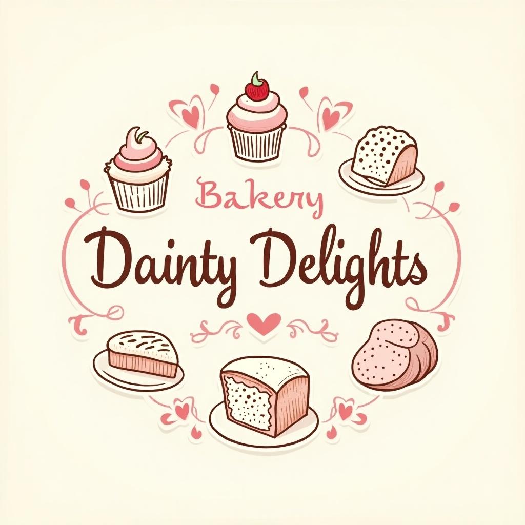 Illustration of a bakery label. Features various pastries like cupcakes and loaves of bread. Name 'Dainty Delights' is prominently displayed. Use soft pastel colors and decorative elements.