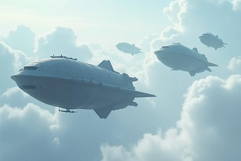 Cinematic sci-fi bulky grey metal textured dropships entering white blue troposphere with realism. Very small windows, detailed shadows and textures. 4k resolution.