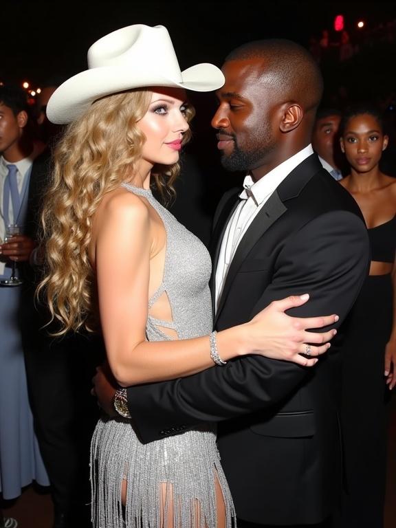 Couple at awards show party one person is a famous singer wearing a cowboy hat and fringe dress. The man is wearing a suit. They appear close together. Other people are in the background. The lighting is bright and festive.