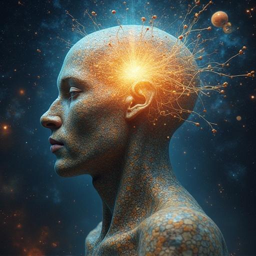 Depiction of a figure symbolizing absolute universal consciousness. Features a head emitting light and energy. Skin textured with intricate patterns. Cosmic background with stars. Surreal and futuristic vibe.