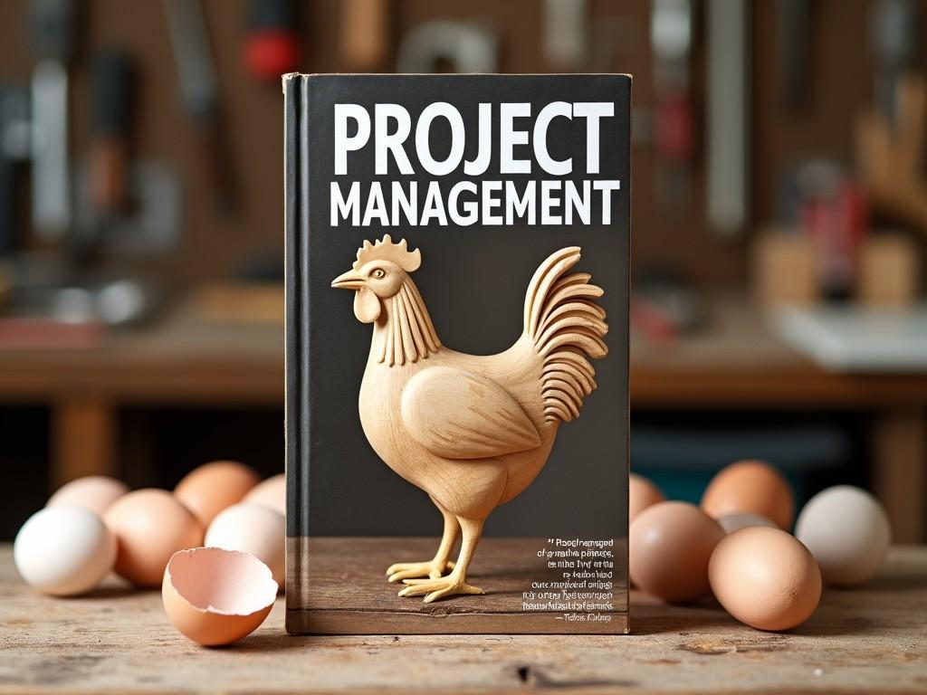 The image shows the cover of a book titled "Project Management." The main visual is a wooden sculpture of a chicken, placed prominently in a workshop setting. Surrounding the chicken are various eggs, some of which are cracked open. The background features tables and tools, suggesting an artisan or woodworking environment. The cover also highlights a humorous subheading about poorly managed projects yielding results akin to chickens laying eggs.