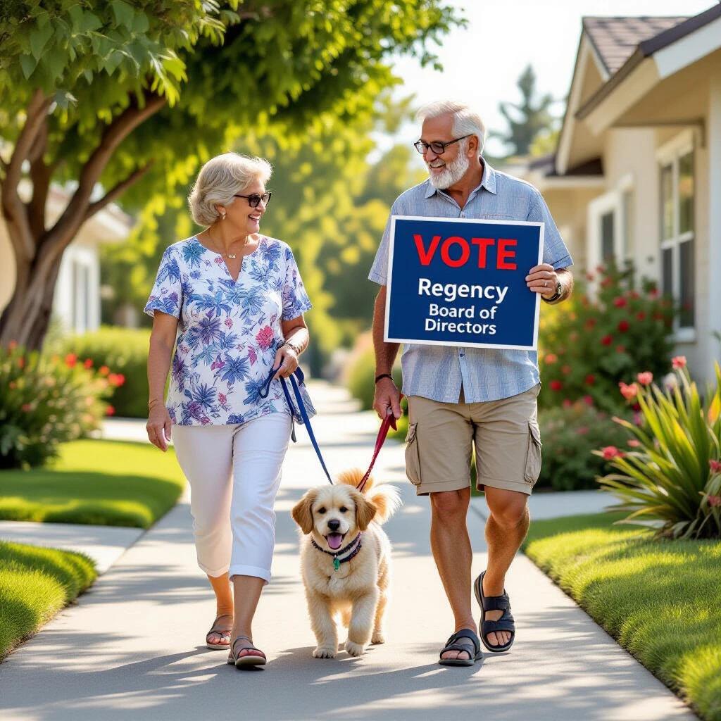 An elderly couple strolls leisurely with their friendly dog in a sunny California residential neighborhood. The woman wears a floral top and white pants while the man is dressed in a short-sleeve shirt and shorts. He holds a sign displaying 'Vote' in small red letters and 'Regency Board of Directors' in white against a blue background. The couple enjoys the daytime while promoting community engagement.