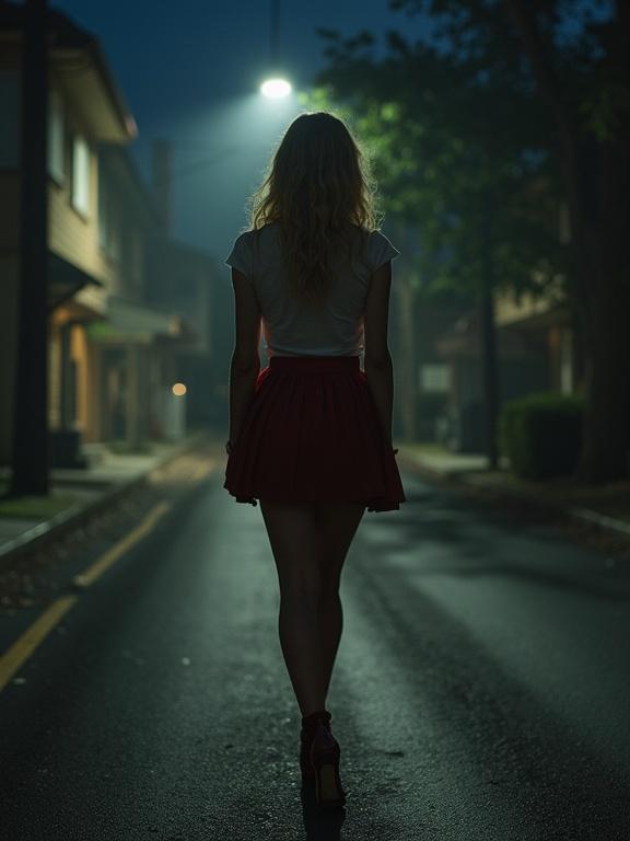 Blonde woman walking alone at night in a dangerous neighborhood. She wears a mini pleated skirt and high heels. The scene is low-light, evoking a sense of urban isolation.