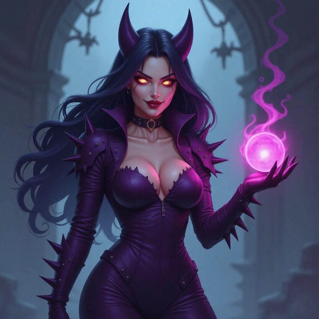 Depicts a demonic female figure with dark purple skin wearing a tight leather suit with spikes. Features glowing eyes and a crooked smile. One hand holds a magical orb, the other summons shadows. Surrounded by smoke and spikes, suggesting a dark portal. Her hair floats like mist, and she has sharp ears and a dark symbol on her forehead. The scene has a sinister atmosphere.