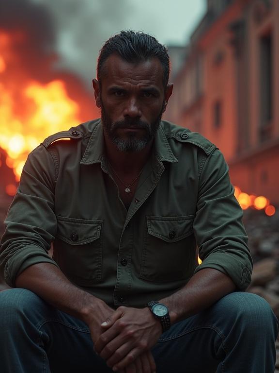 Photorealistic scene depicting a man sitting in front of a burning background. Setting conveys a hostile atmosphere in Latin America. Man has a stern demeanor, dressed in military-style clothing.