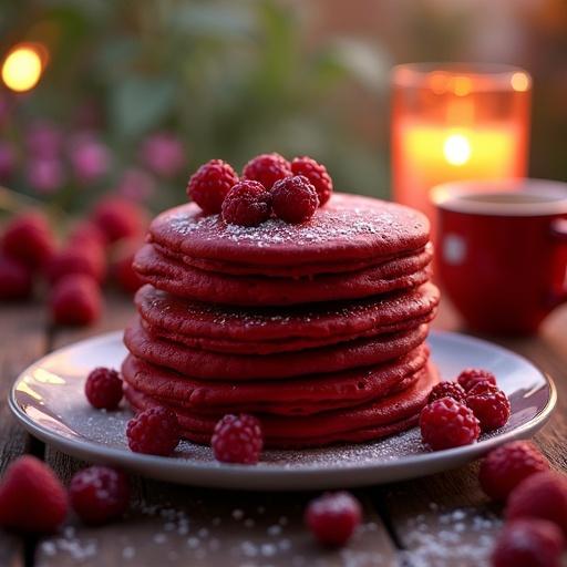 Image presents a visually rich scene featuring a stack of red velvet pancakes covered in berries. Warm ambient light adds a cozy touch. Outdoor garden setting enhances the mood.
