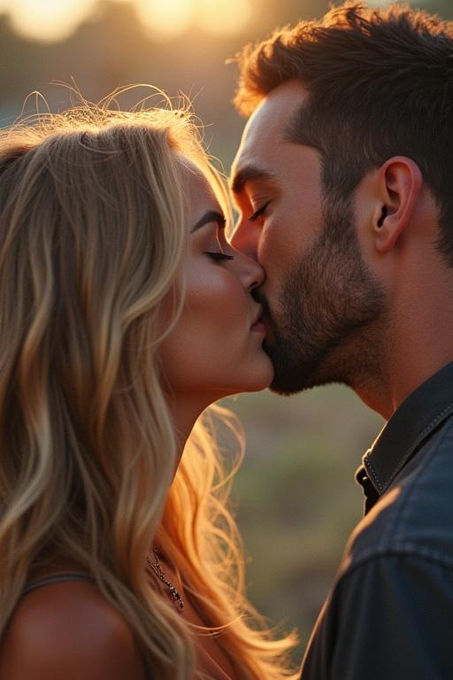 A couple sharing a kiss during golden hour. Warm sunlight creates a romantic atmosphere. Blonde woman and dark-haired man are very close. Both look serene and connected.