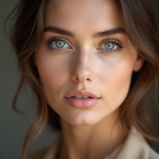Close-up portrait of a woman with beautiful features. Natural makeup emphasizes her eyes and lips. Soft lighting creates a warm tone. Focus on facial expressions and skin texture.