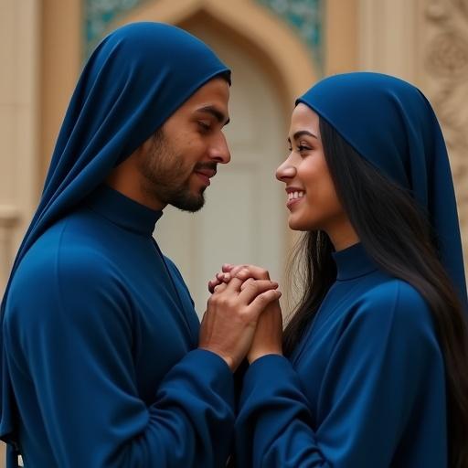 Medium shot captures a young couple gazing affectionately at each other. Both hold hands with fingers intertwined. Young man dressed in nun-like attire, entire body covered in blue cloth. Young woman has long black hair. Background shows blurred oriental decorative motifs.