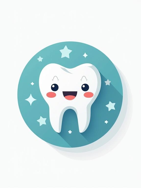 High quality logo design with an adorable tooth character. The tooth has a smiling face and rosy cheeks. Background features a blue circle with stars. Cute and friendly design appealing to children.