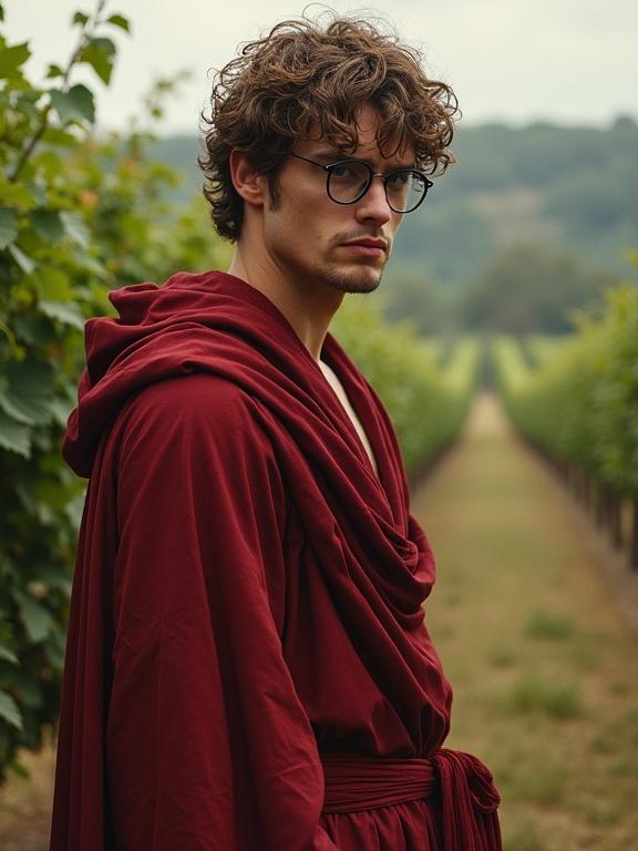 A young man with curly hair and glasses stands in a vineyard. He wears deep red robes and has a pensive expression. The backdrop features rows of grapevines outdoors. The style reflects modern digital art.