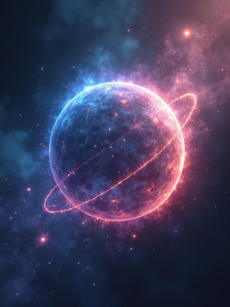 Image of a vibrant glowing planet with rings in space. Colorful cosmic atmosphere around the planet. Bright pink and blue hues blend into dark space. Stars and nebulae create a mystical effect.