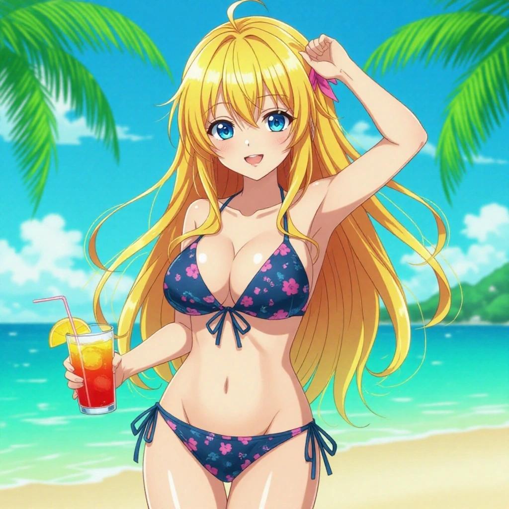 Anime girl with big chest. Tight bikini at the beach. Blonde hair and blue eyes. Cheerful atmosphere.