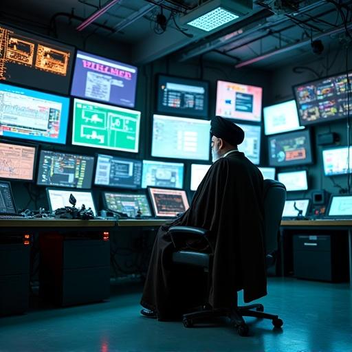 Commander in a high tech military base command center. Surrounded by numerous LED LCD monitor screens and computers. Equipped with state of the art military gadgets. Illuminated by neon fluorescent lamps. Various wires and electronic devices present.