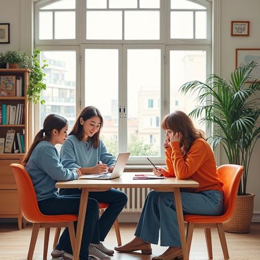 Four students studying collaboratively in a bright room. Natural light shines through large windows. They focus on a laptop and each other. Motivational elements for learning abroad present in the environment.