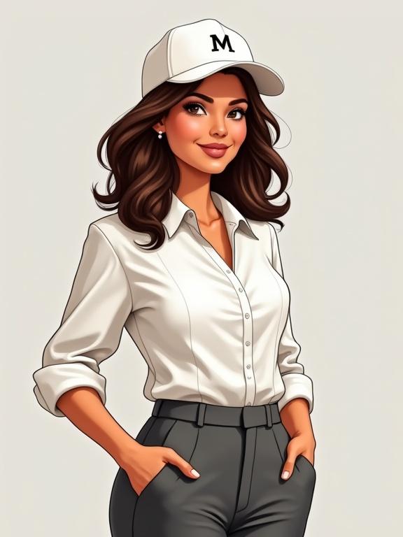 Illustration of a Colombian woman. 35 years old. Dark brown hair in a neat low ponytail. Expressive brown eyes. Friendly and professional smile. Wearing a burgundy journalist vest over a long-sleeve white blouse, dark gray formal pants. White trucker cap with logo 'M'. Light gray flat background. Conveys confidence and approachability.