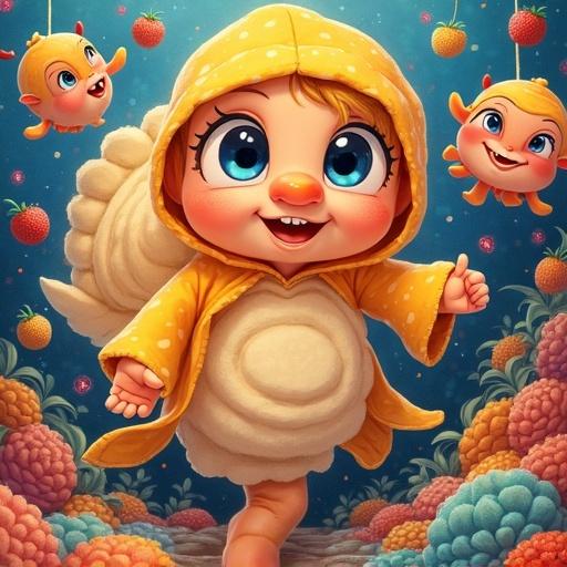 A cute child character wearing a snail costume with a hood. The character has a big smile and cheerful expression. Similar whimsical creatures like smiling fish surround the character. Bright colors and playful design evoke joy.