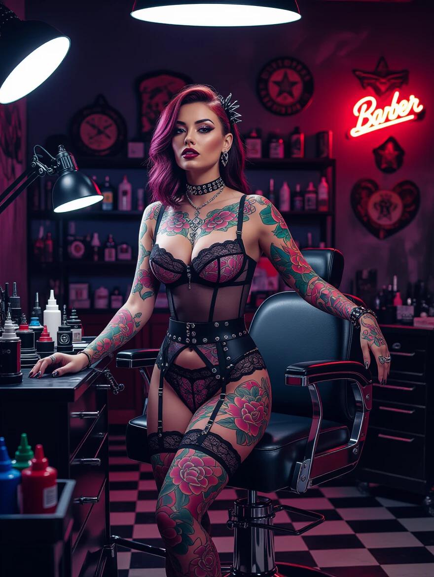 Portrait of a tattoo artist in a neon-lit studio. Confident woman in dark lingerie with punk details. Elaborate tattoos on her body. Busy tattoo studio with ink bottles and vintage machines. Dynamic lighting with pink and blue hues. Focused expression while working.